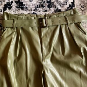 Faux leather olive green belted trouser with pockets